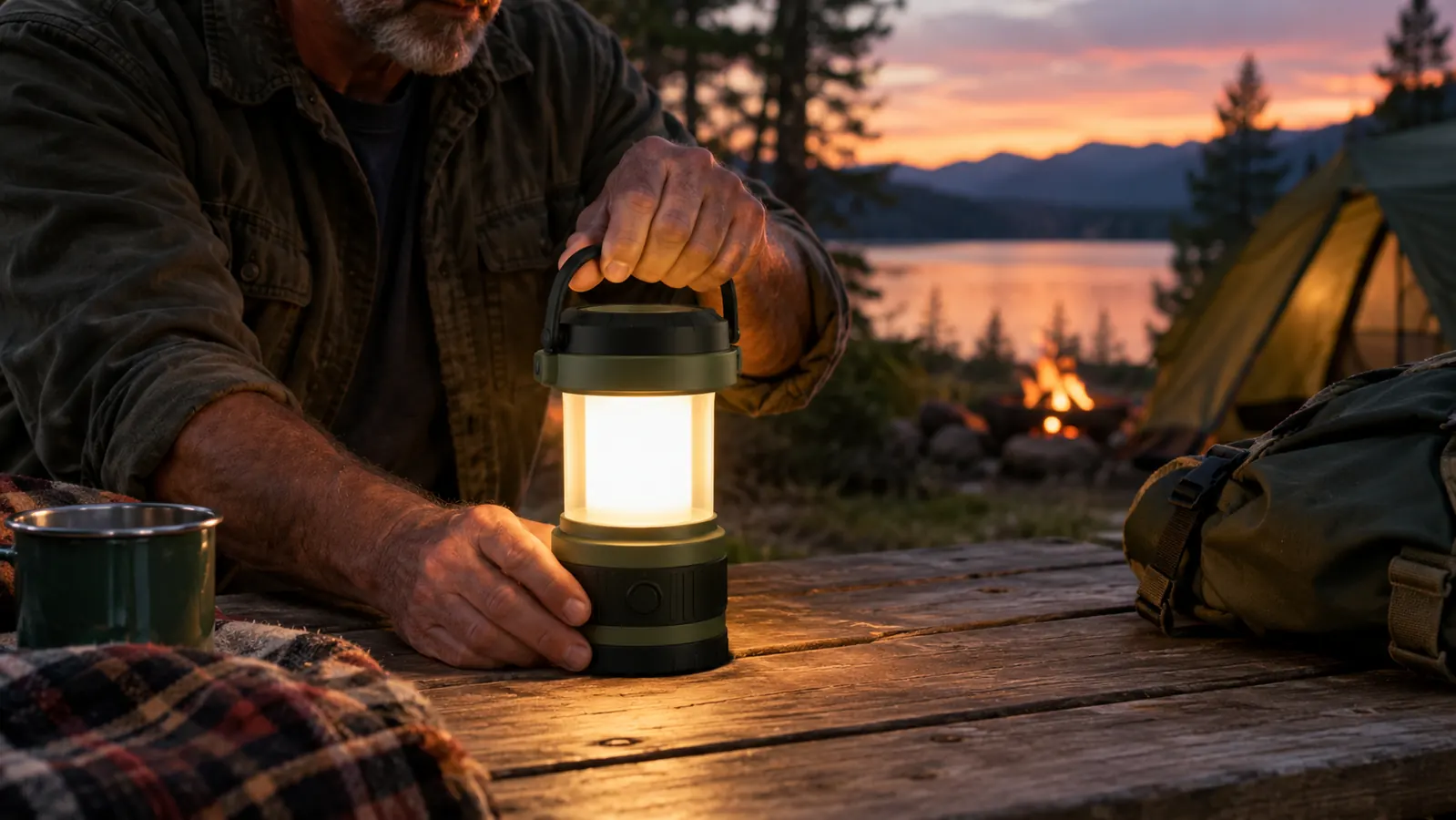 A camper's hand setting a rechargeable lantern on a picnic table at dusk