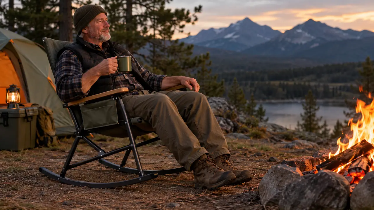 A person sitting in a folding rocking camp chair beside a campfire, holding a coffee mug