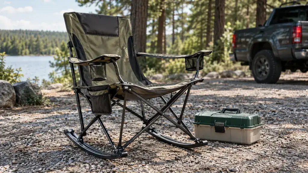 A folding rocking camp chair on a gravel campsite at midday, with a tackle box nearby