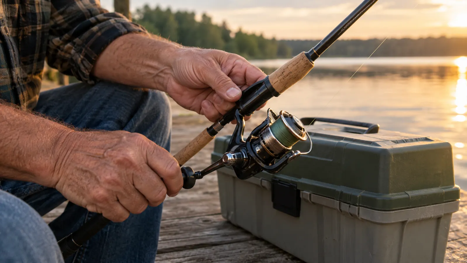 A hand cranking the handle of a spinning reel mounted on a fishing rod beside a tackle box