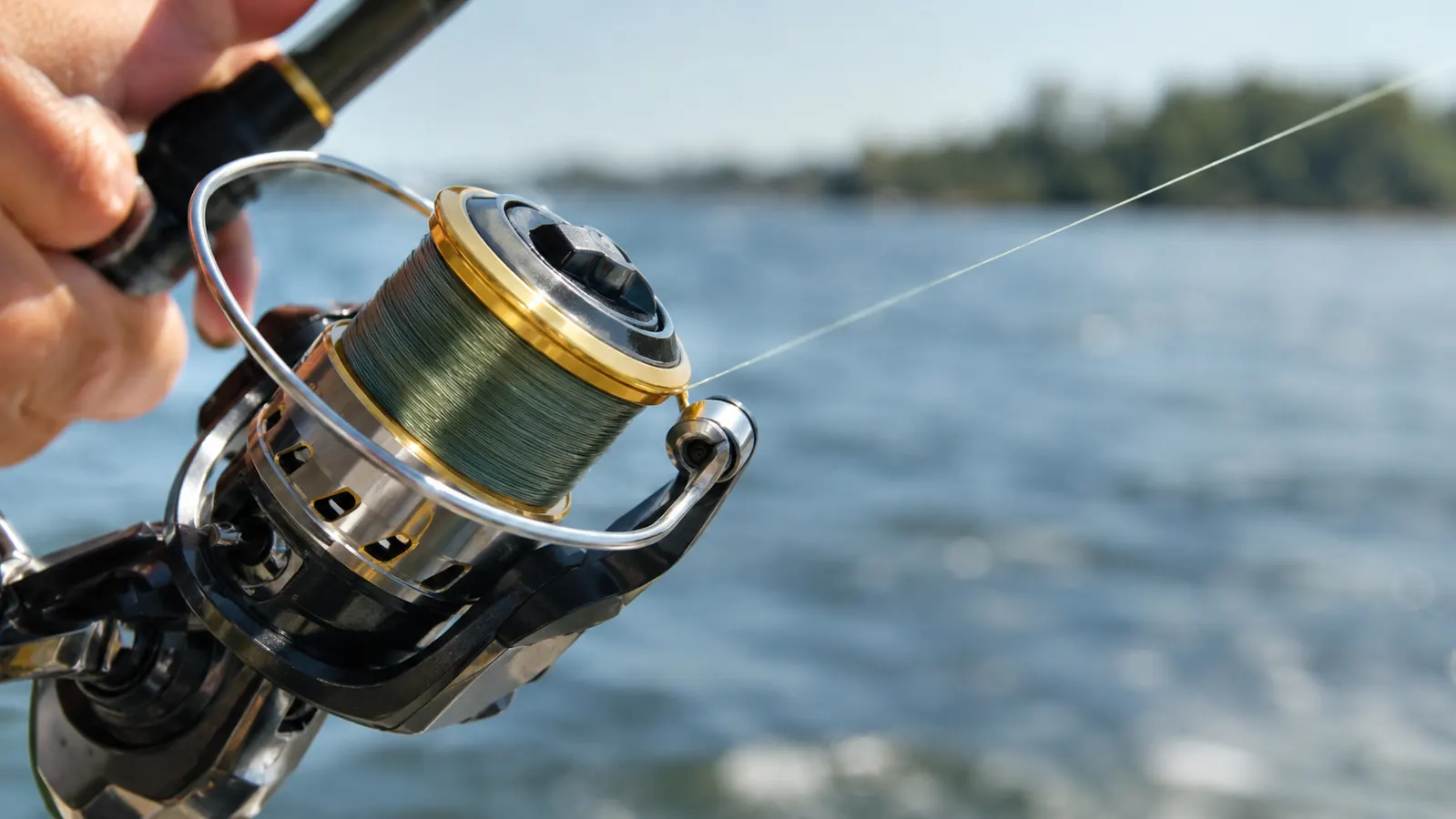 A close-up of a fishing line peeling off a spinning reel spool during a cast