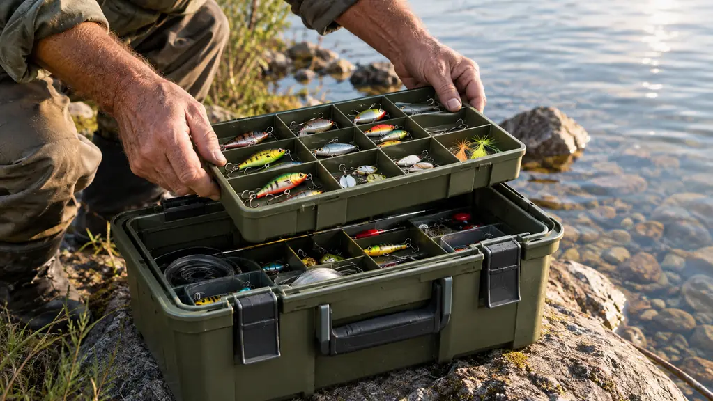 A man's hands lifting a tray out of an open tackle box at the water's edge
