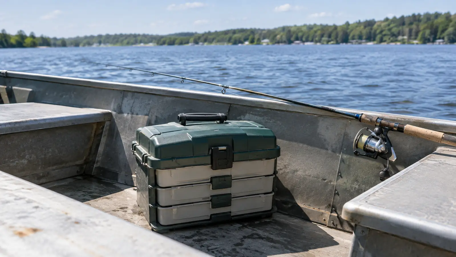 A tackle box sitting on the floor of a small aluminum fishing boat between bench seats