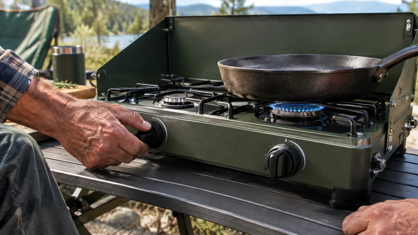 A hand turning the knob on a two-burner camp stove while a pan sits on the grate