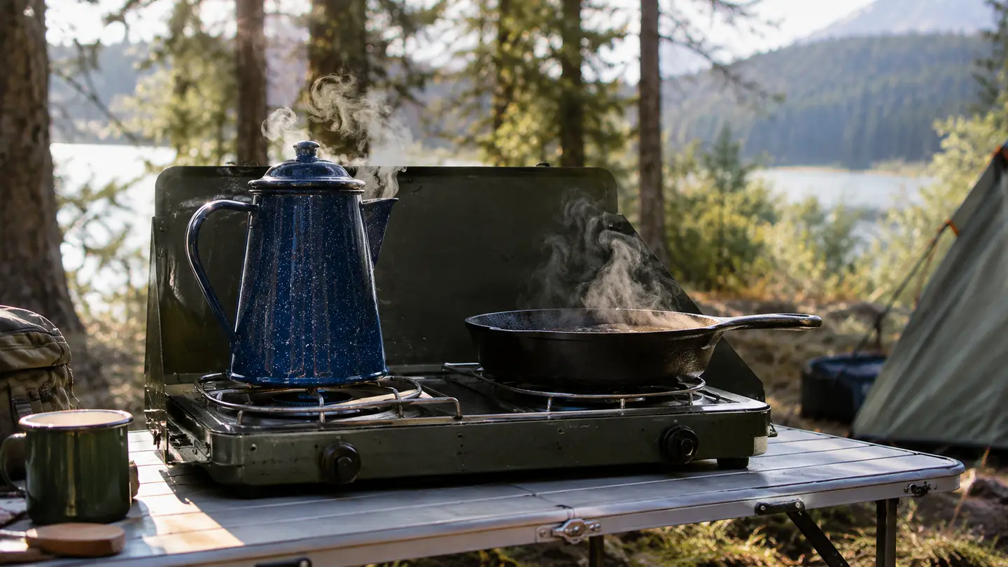 A two-burner camp stove with a pot of coffee and a skillet cooking bacon at a campsite