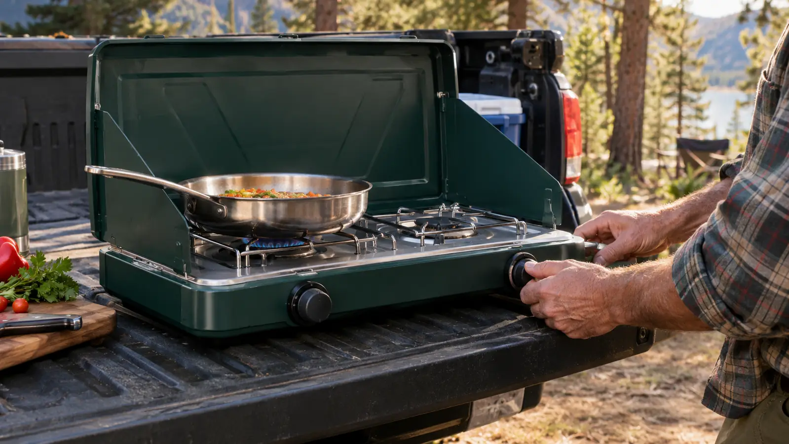 Hands turning the knob on a two-burner camp stove set on the tailgate of a pickup truck at a campsite, with a stainless skillet on the grate.