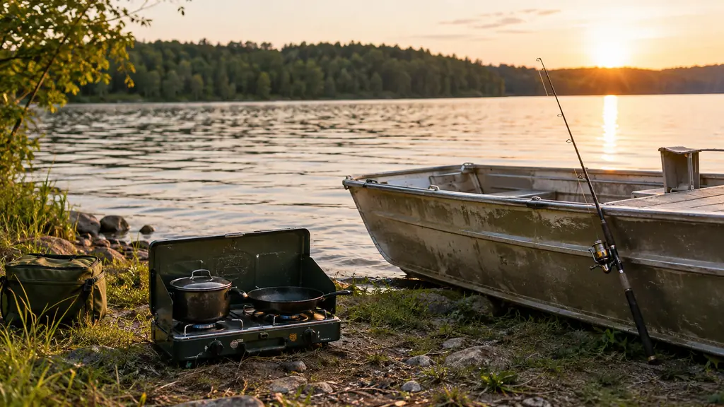 Two-burner camp stove beside a small aluminum jon boat at a lake shore, with a fishing rod leaning against the boat.