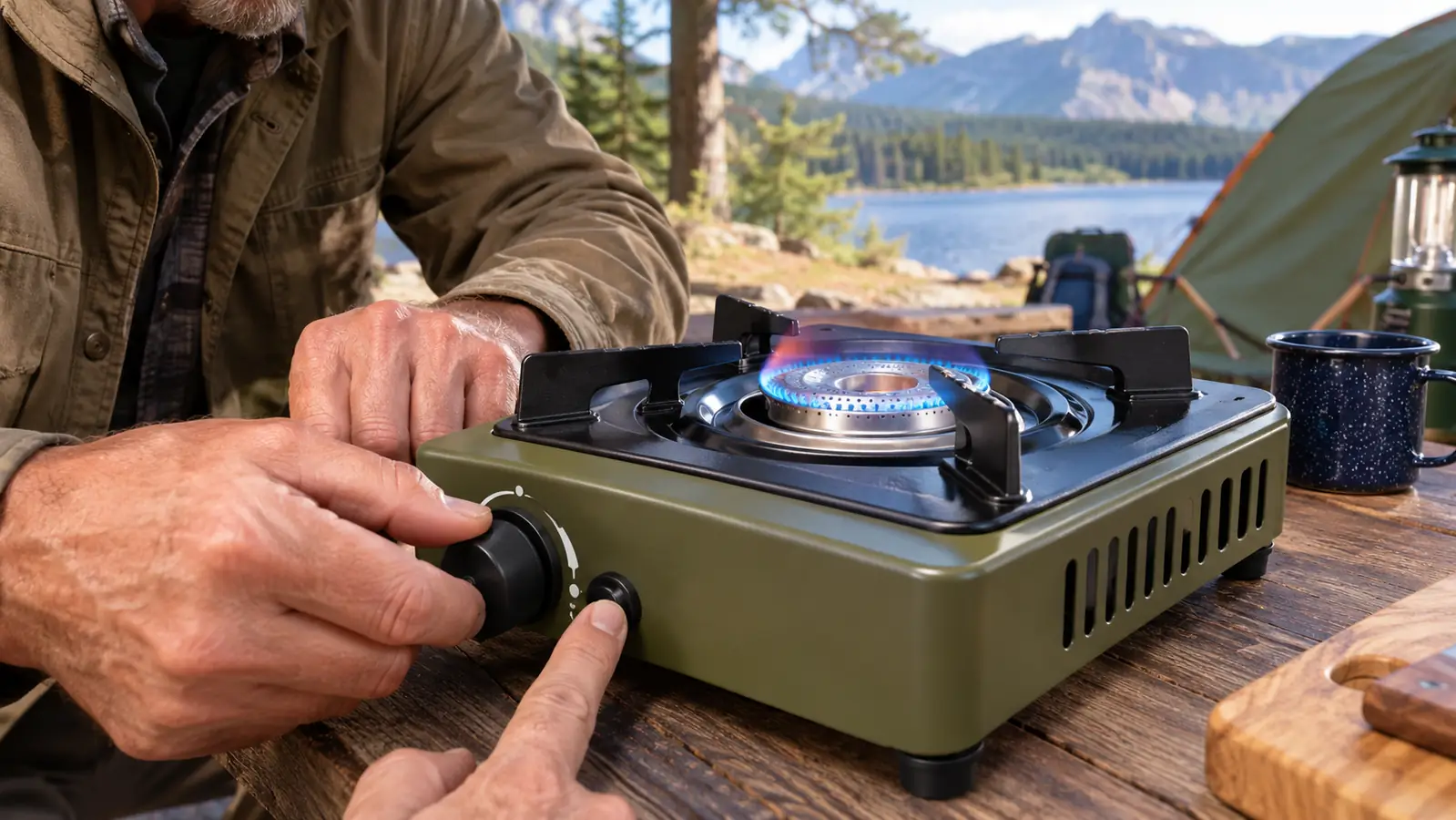 A hand turning the knob to light the left burner on a two-burner propane stove