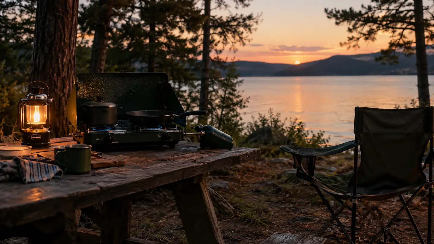 A campsite at dusk with a two-burner propane stove on a picnic table and a camp chair nearby