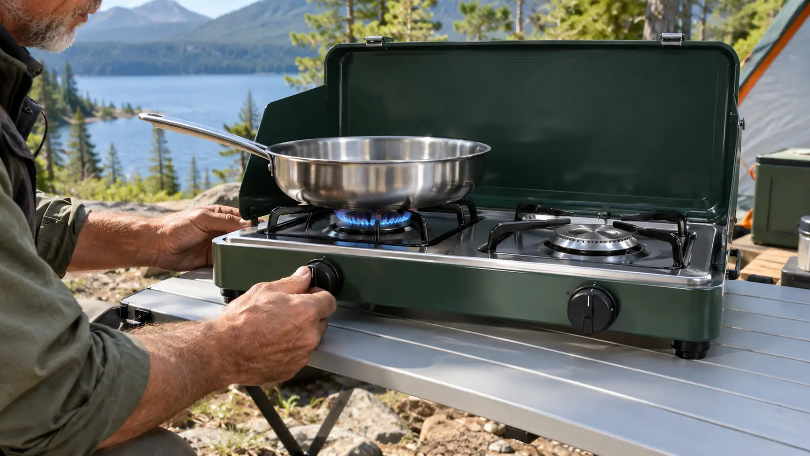 A hand turning the knob to light a burner on a two-burner propane camp stove while a pan sits on the grate