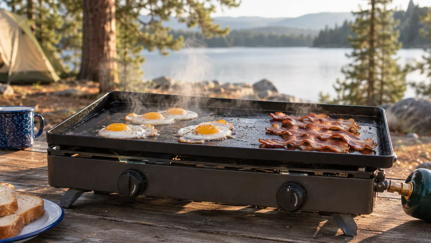 A two-burner propane camp stove with a full griddle across both burners cooking breakfast outdoors
