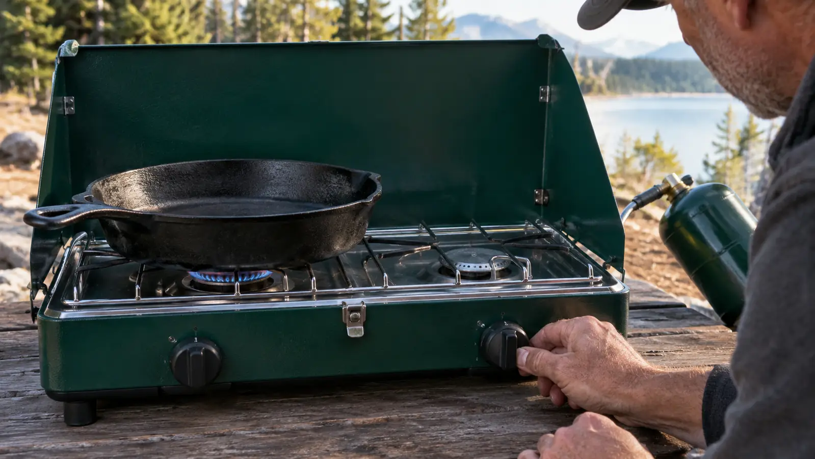 A camper's hand turning the knob on a two-burner propane stove while a skillet sits on the grate