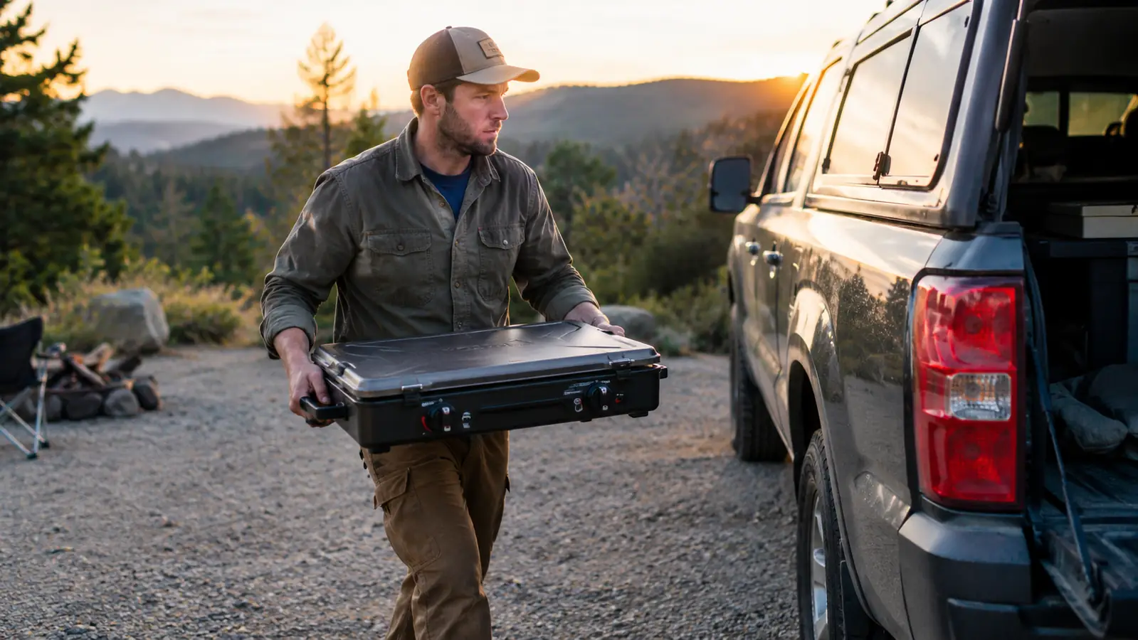 A camper lifting a two-burner propane stove by its side handles and carrying it to the bed of a pickup truck