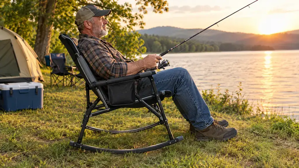 A man sits in a rocking camp chair on a grassy lakeside campsite holding a fishing rod.