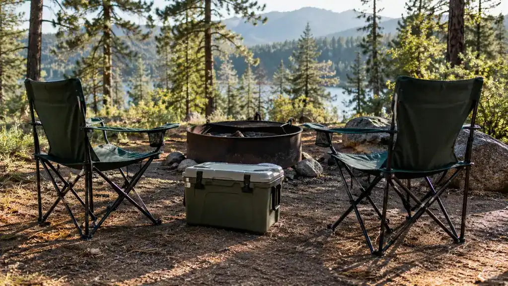Two camp chairs face a low fire ring with a cooler between them at a campground in the morning.
