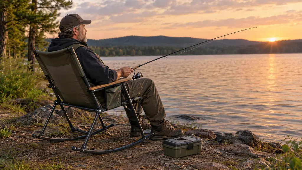 A camper sitting in the folding rocker chair on a lakeshore with a fishing rod in the evening light