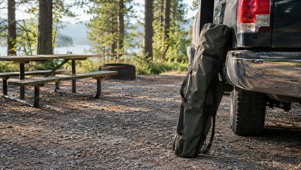 The folding rocking chair in its carry bag leaning against the tailgate of a pickup truck at a campground in the morning