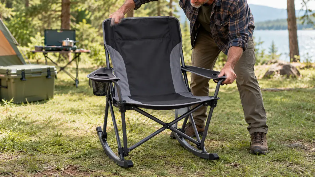 A hand setting a folding rocking camp chair onto the ground at a campsite, ready to sit in