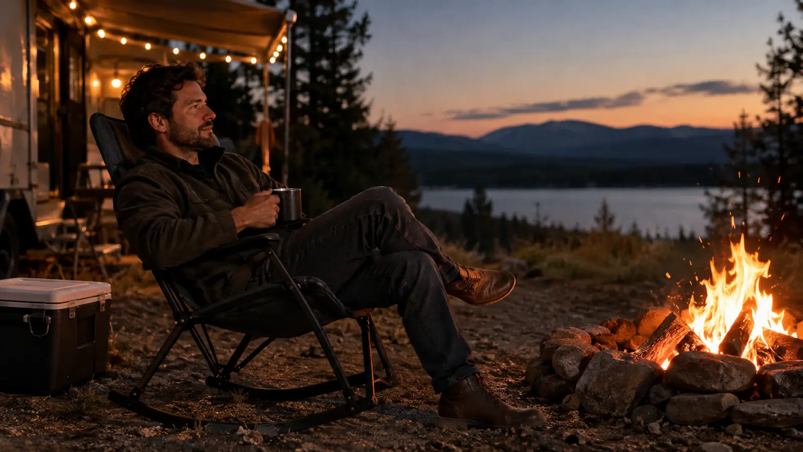 A camper in a rocking chair beside a campfire ring in the evening, with a cooler beside the chair