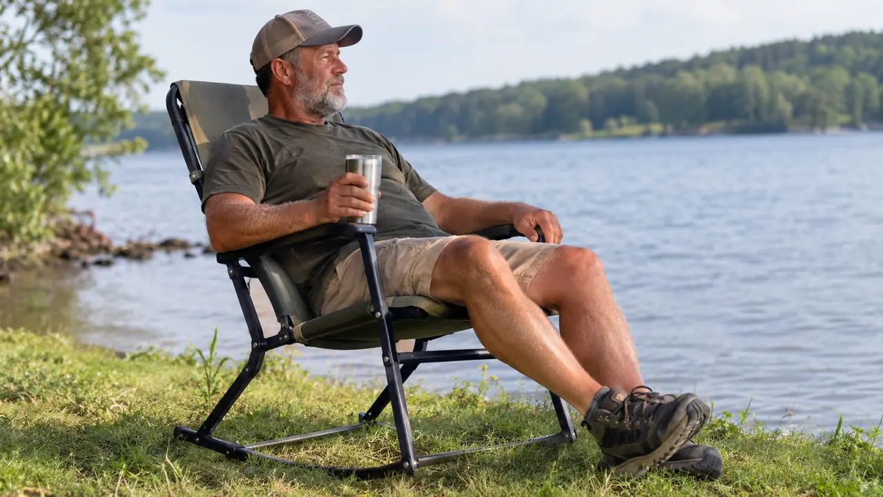 A man sitting in a folding rocking camp chair on a grassy lake shore, holding a stainless steel tumbler