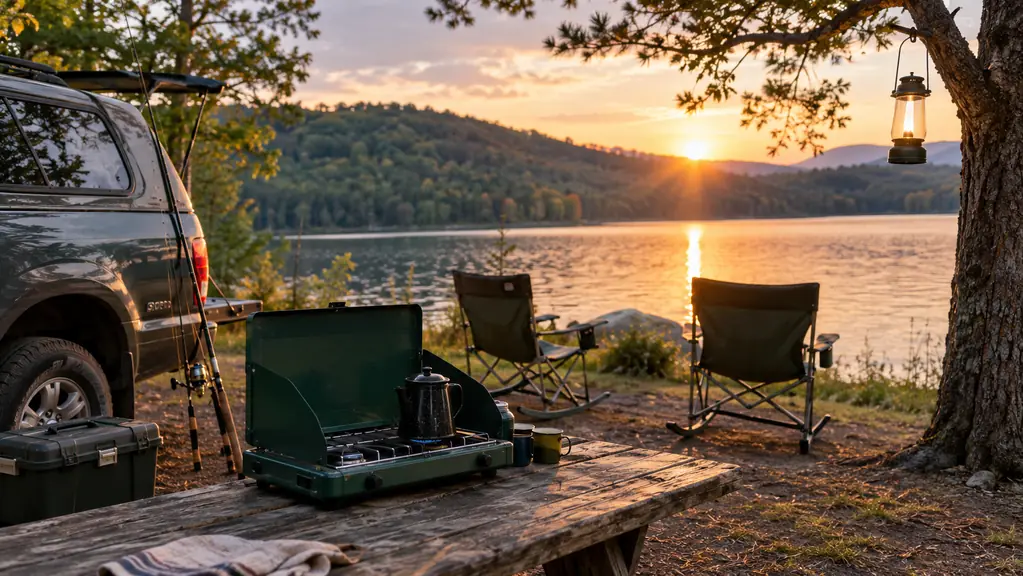 A lakeside campsite at dusk with a two-burner camp stove on a picnic table, a folding camp chair, a glowing lantern and a fishing rod leaning against a pickup truck