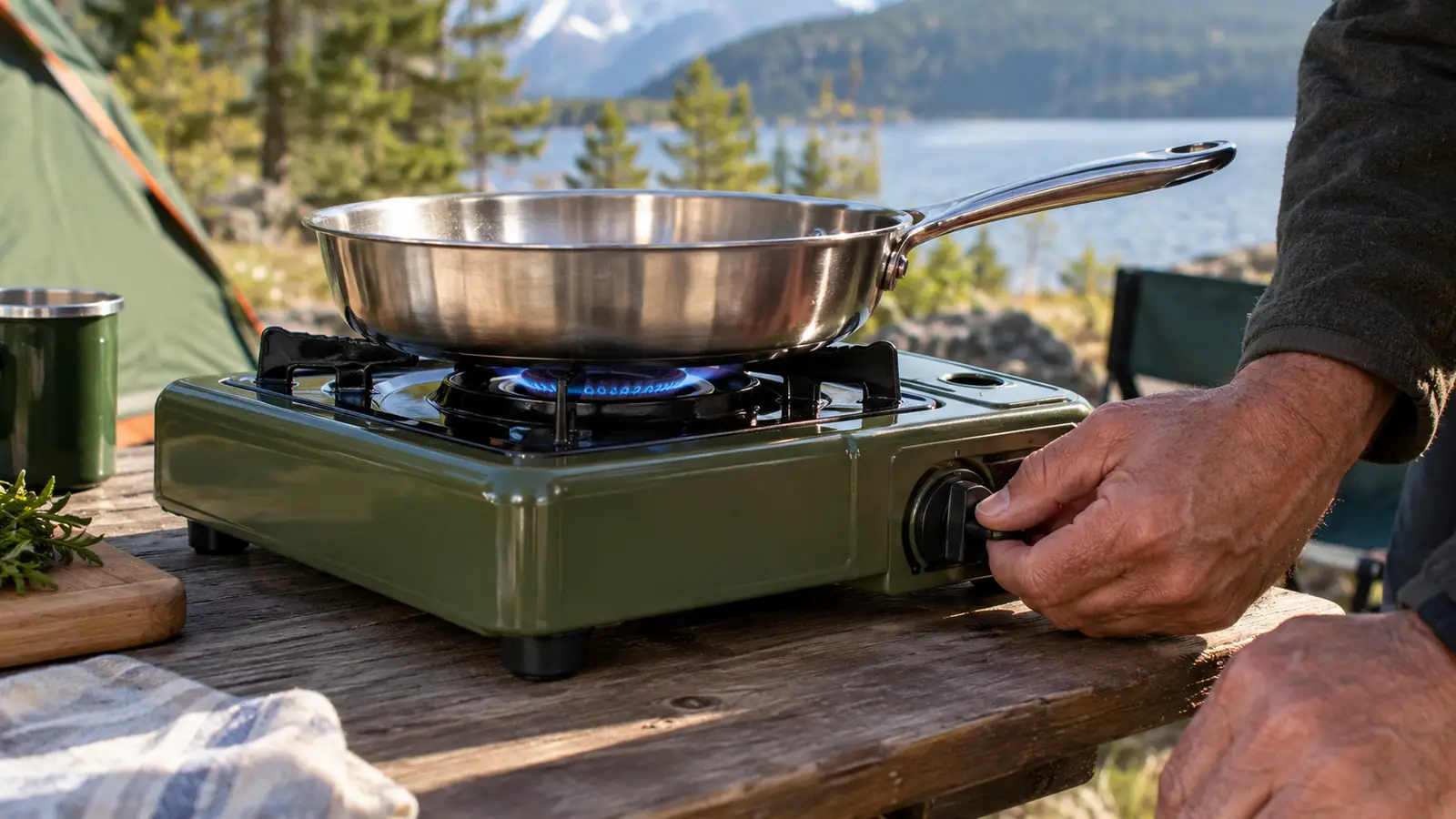 A camper's hand turning the knob on a two-burner propane stove while a pan heats on the grate