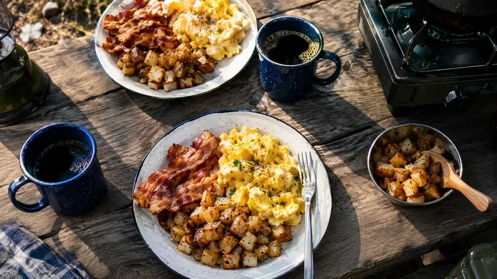 A campsite breakfast spread with eggs, bacon, home fries, and coffee on a picnic table