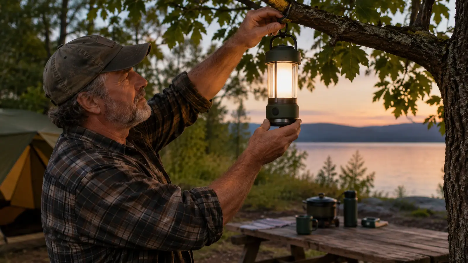 A camper hanging a rechargeable lantern from a tree branch at a campsite in the evening