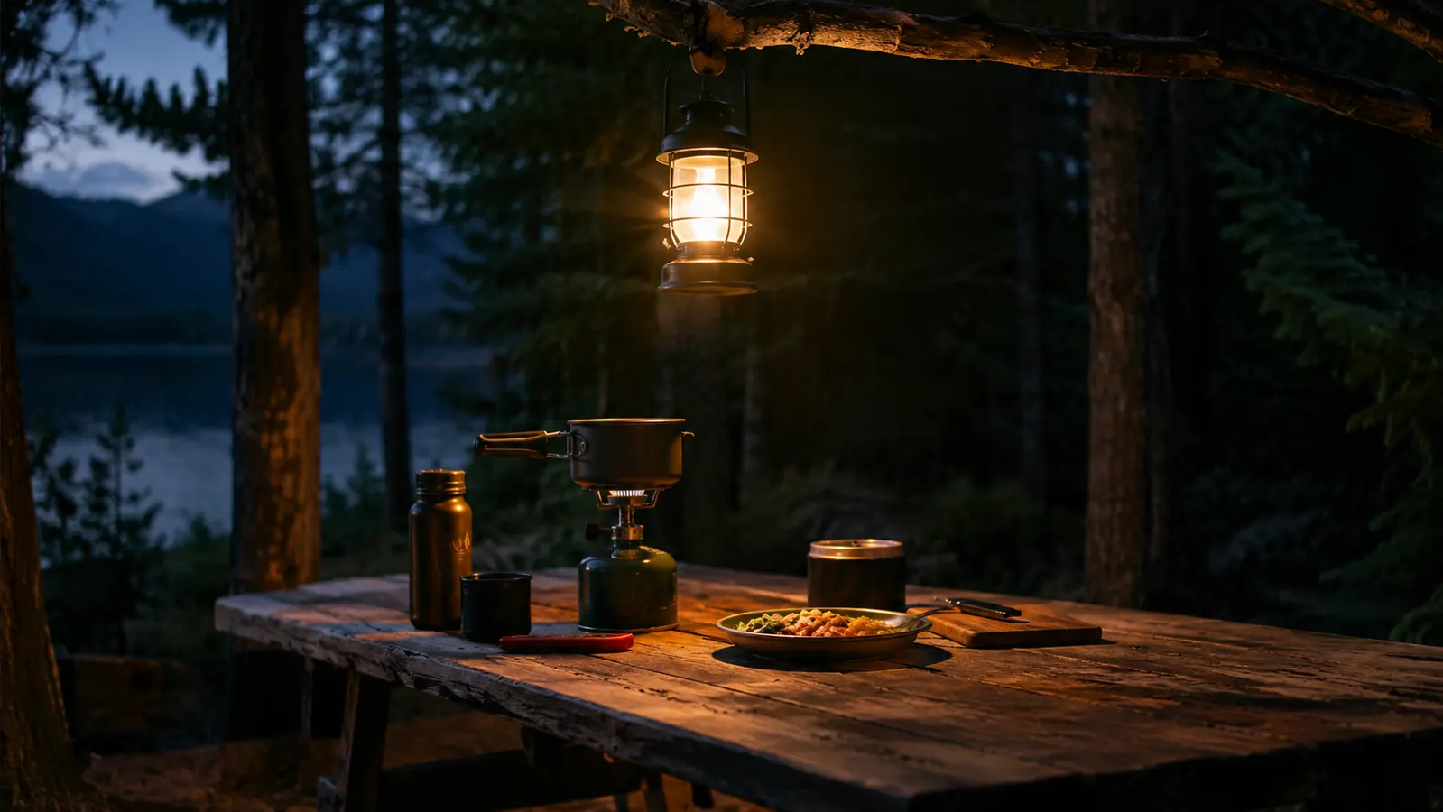A lantern lighting a campsite picnic table at night while a meal is being prepared