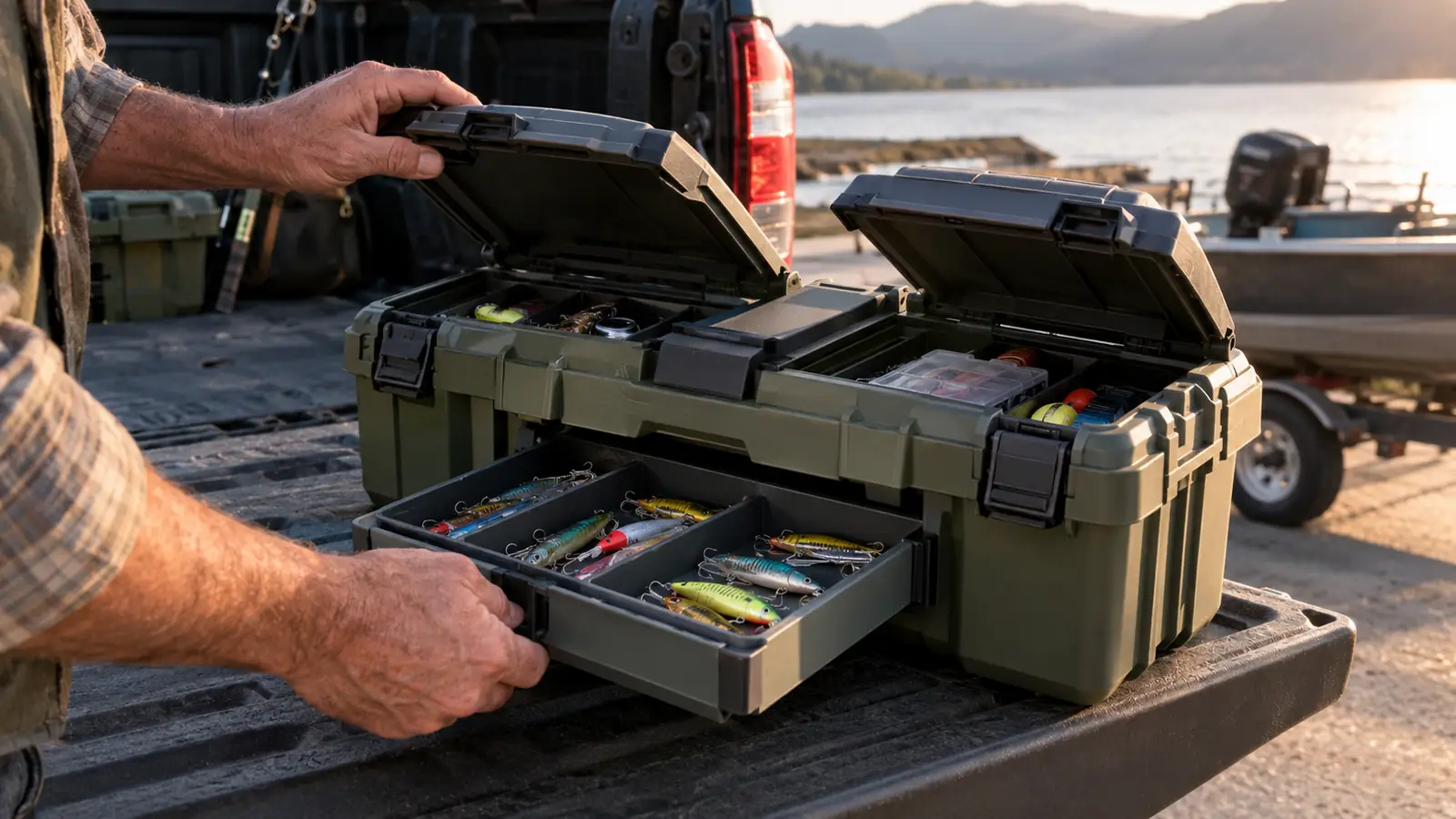 Hands opening a three-tray tackle box on the tailgate of a pickup truck at a boat launch, trays of lures visible inside