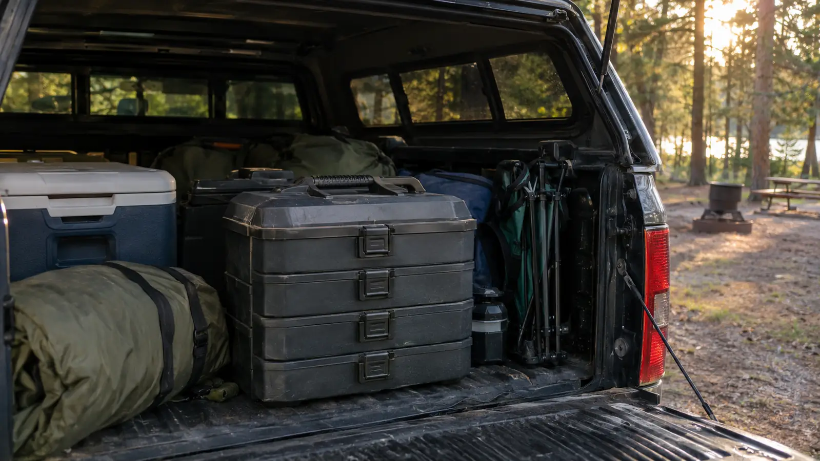 Three-tray tackle box stowed in the bed of a pickup truck under a bed cap, camping gear around it, late afternoon light