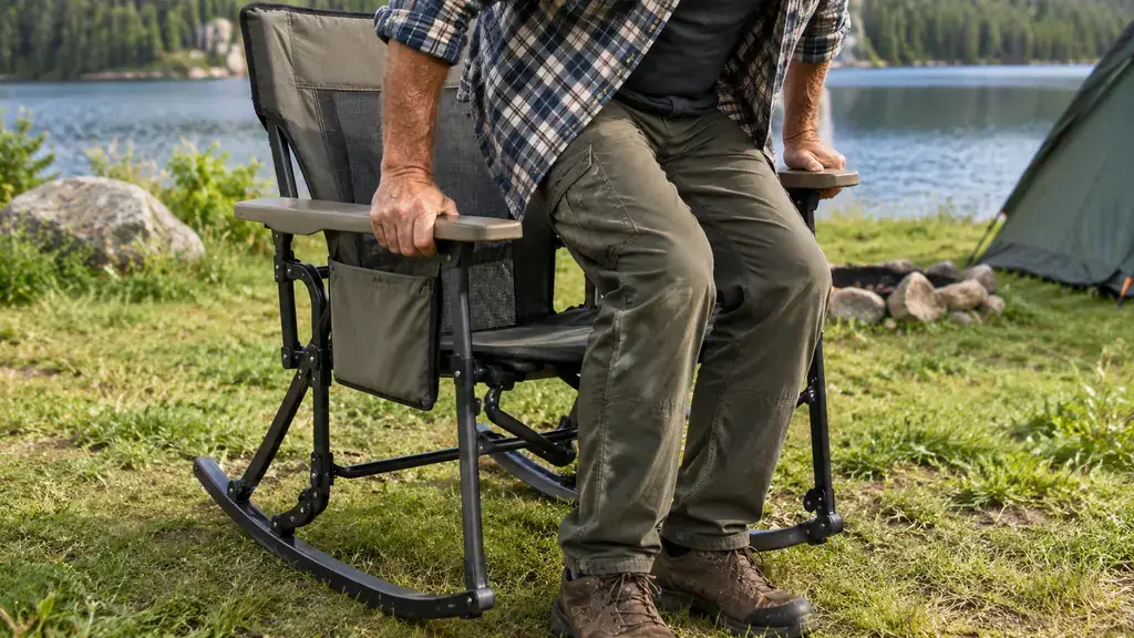 A man using the armrests of a folding rocking camp chair to stand up.