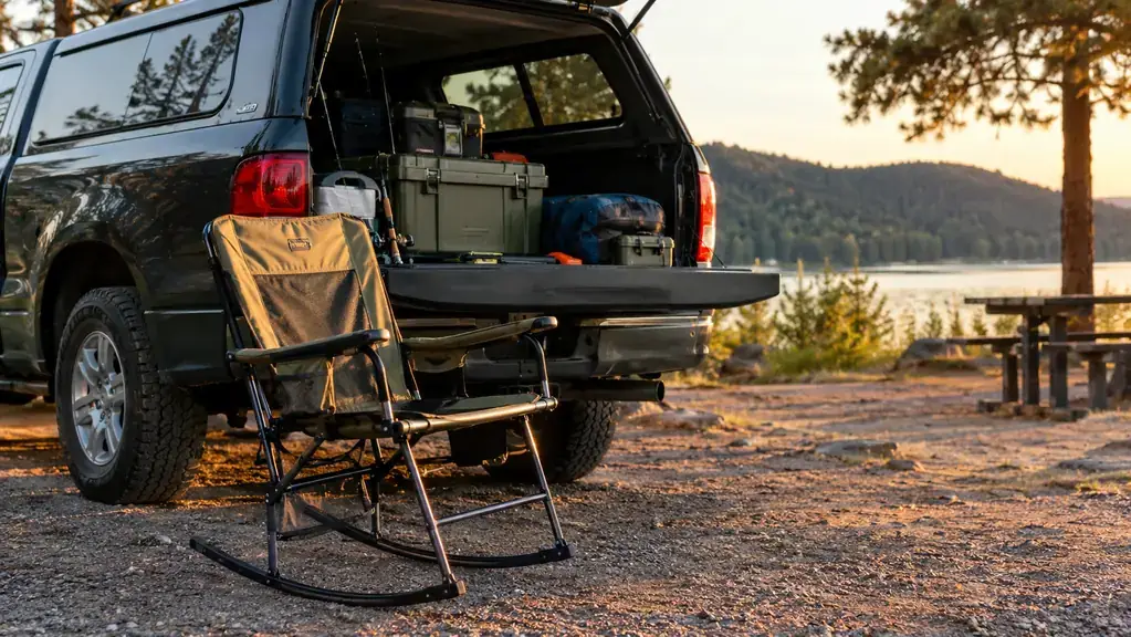 A folding rocking camp chair packed with camping gear in the back of a pickup truck.