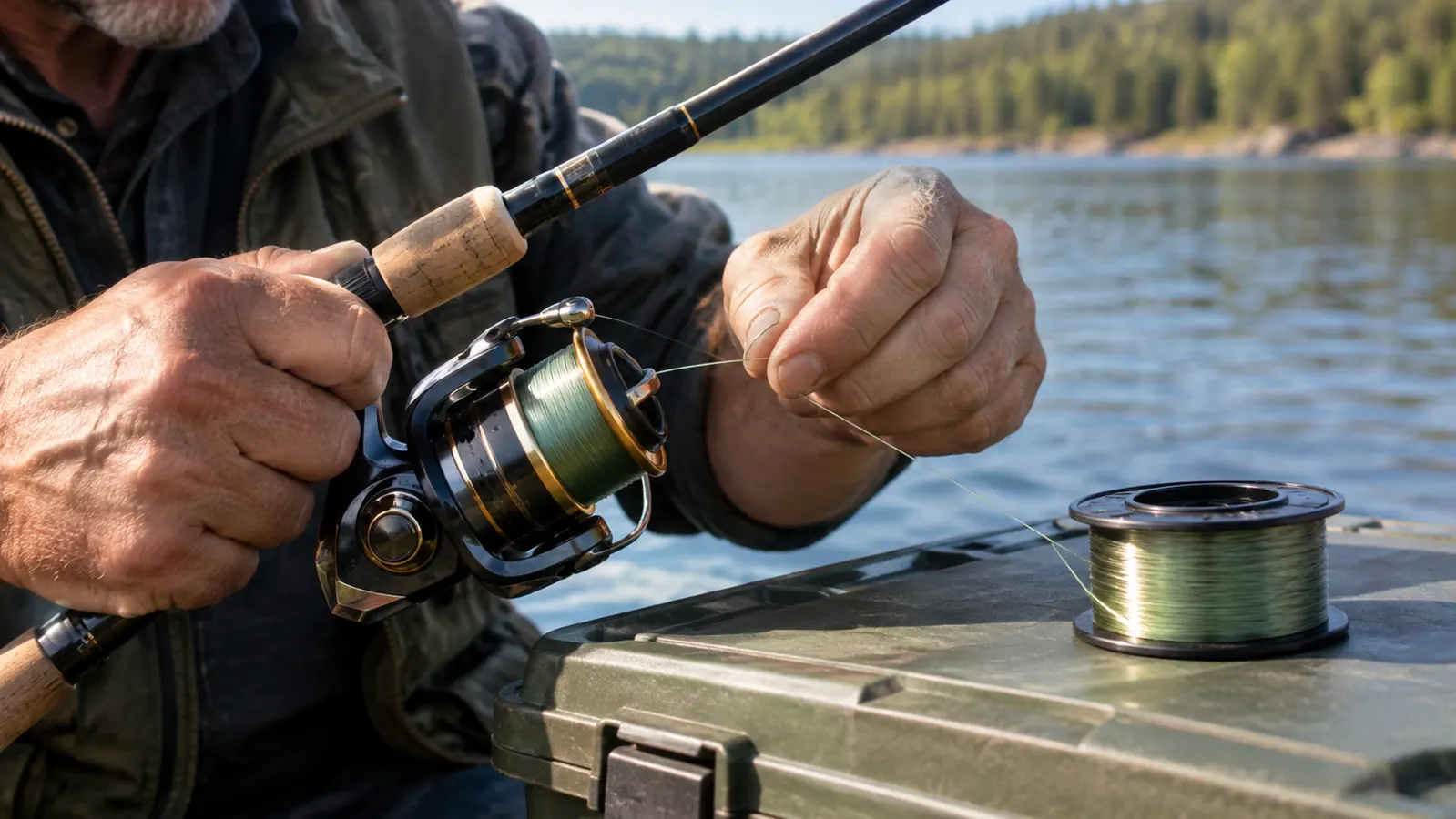 Close view of hands holding a spinning reel spool while line feeds through the line roller toward the rod guides