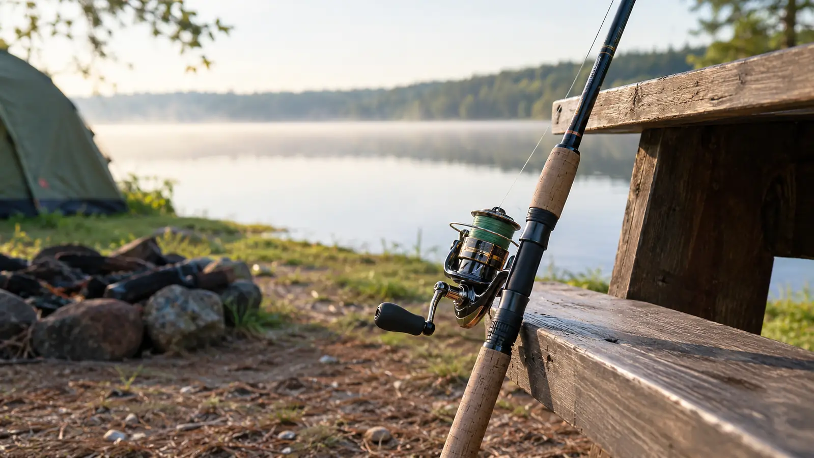 A spinning reel on a rod leaning against a picnic table at a campsite, lake water visible behind it