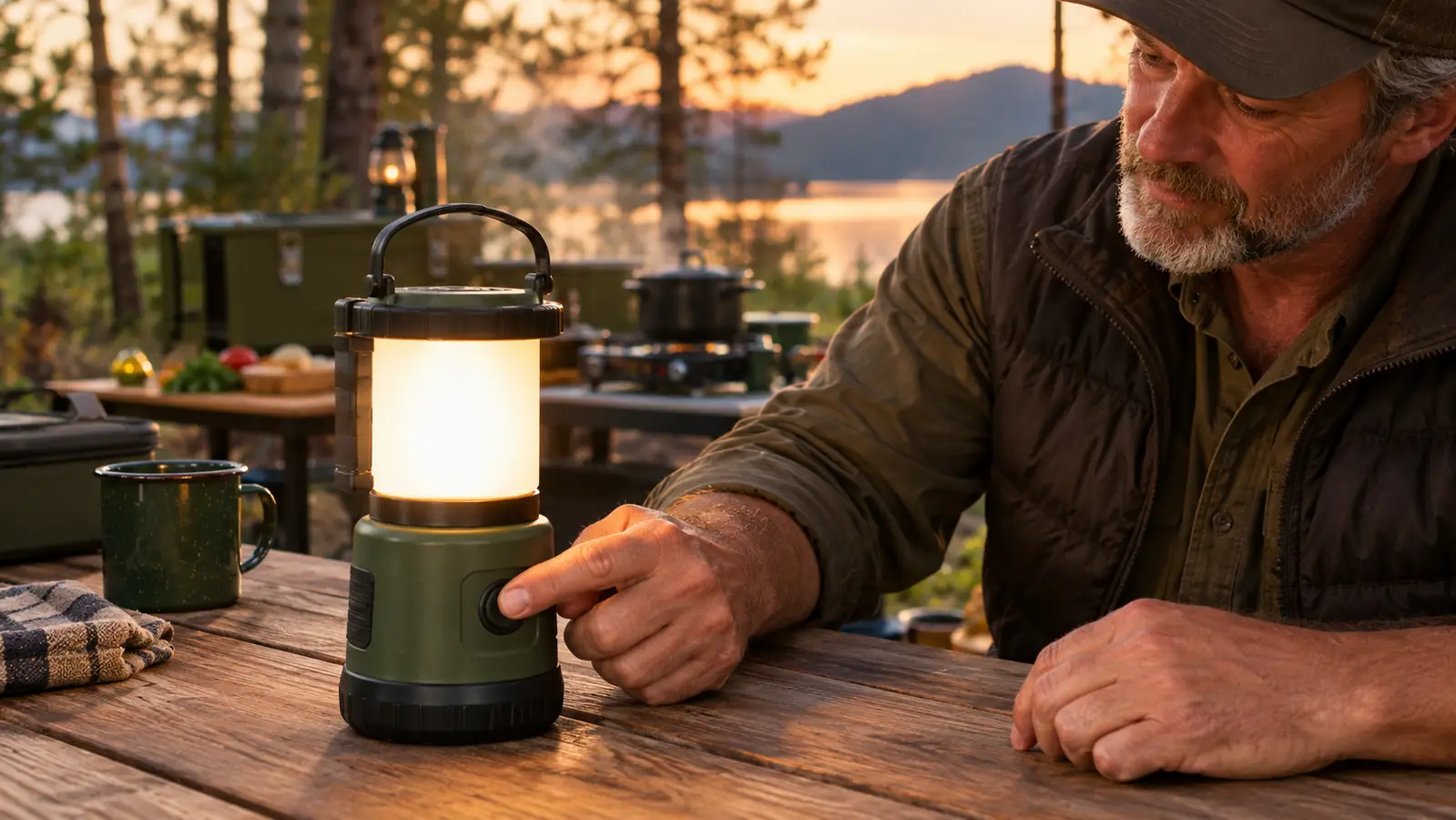 A camper's hand pressing the mode button on a rechargeable camping lantern on a picnic table