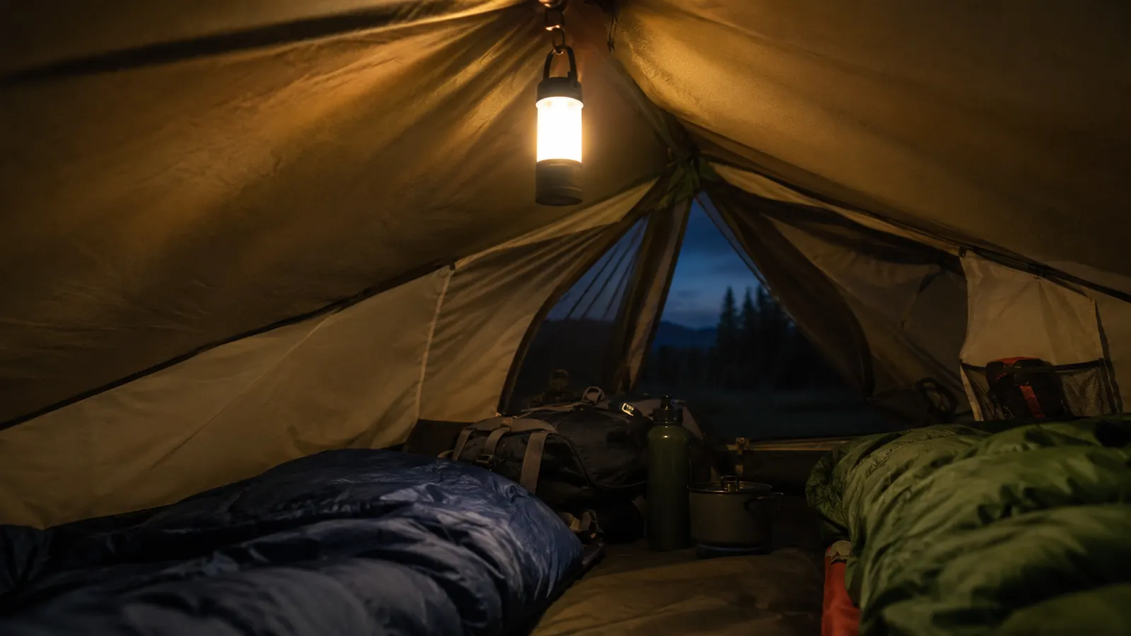 A rechargeable camping lantern hanging from a tent ridge pole, casting warm light inside the tent at night