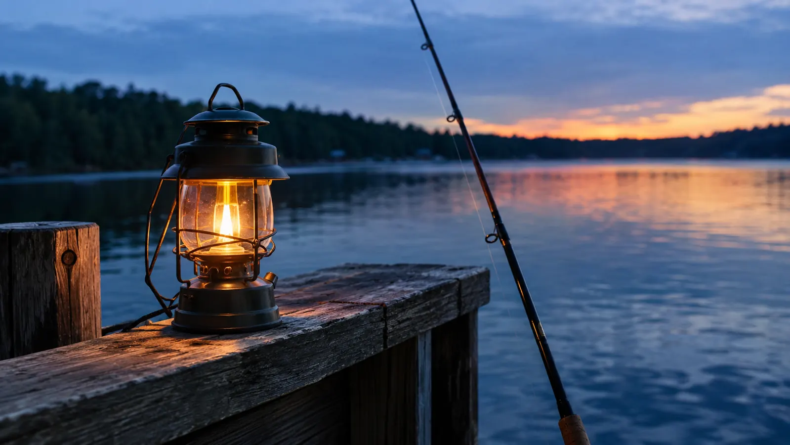 A lantern on a dock railing at dusk with a lake behind it