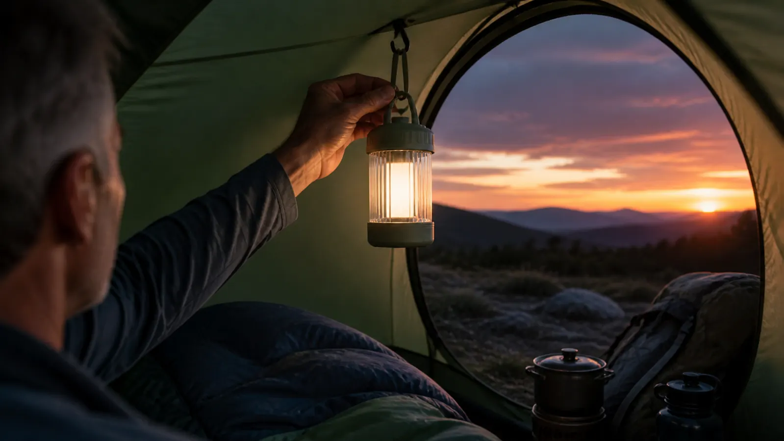 A camper hanging a lantern from a loop inside a tent at dusk