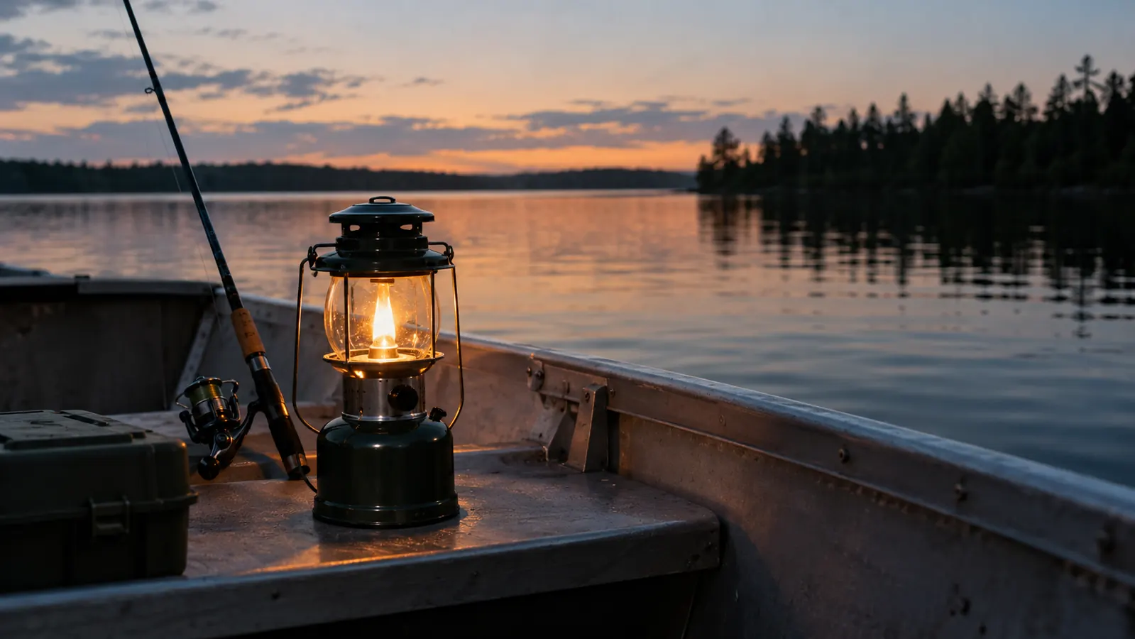 A camp lantern standing on the seat of a small aluminum boat at dusk on a lake
