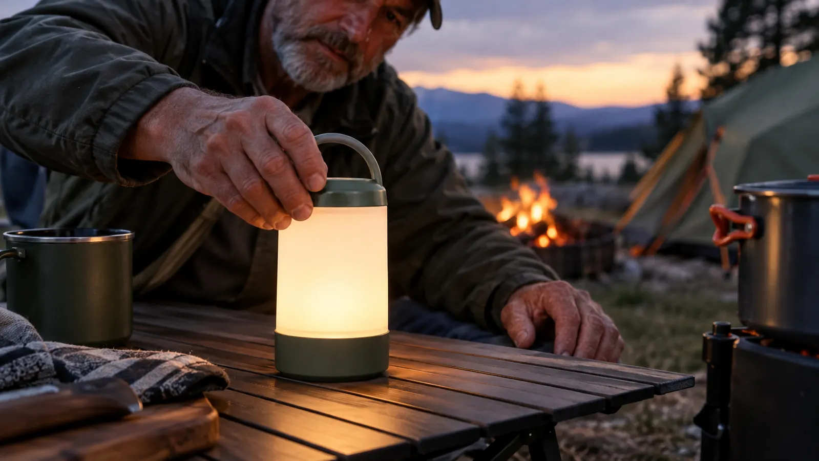 A hand placing a rechargeable lantern on a camp table at dusk