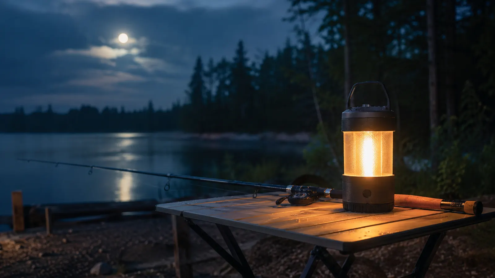 A rechargeable lantern on a camp table next to a fishing rod by a lake at night