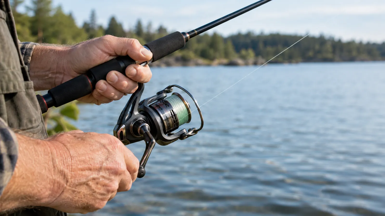 A hand turning the handle of a spinning reel while line comes in evenly