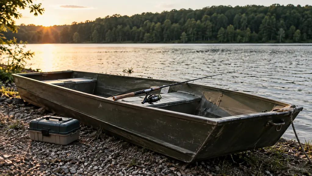 A small aluminum jon boat pulled up on a gravel lake shore with a spinning rod resting across the seats