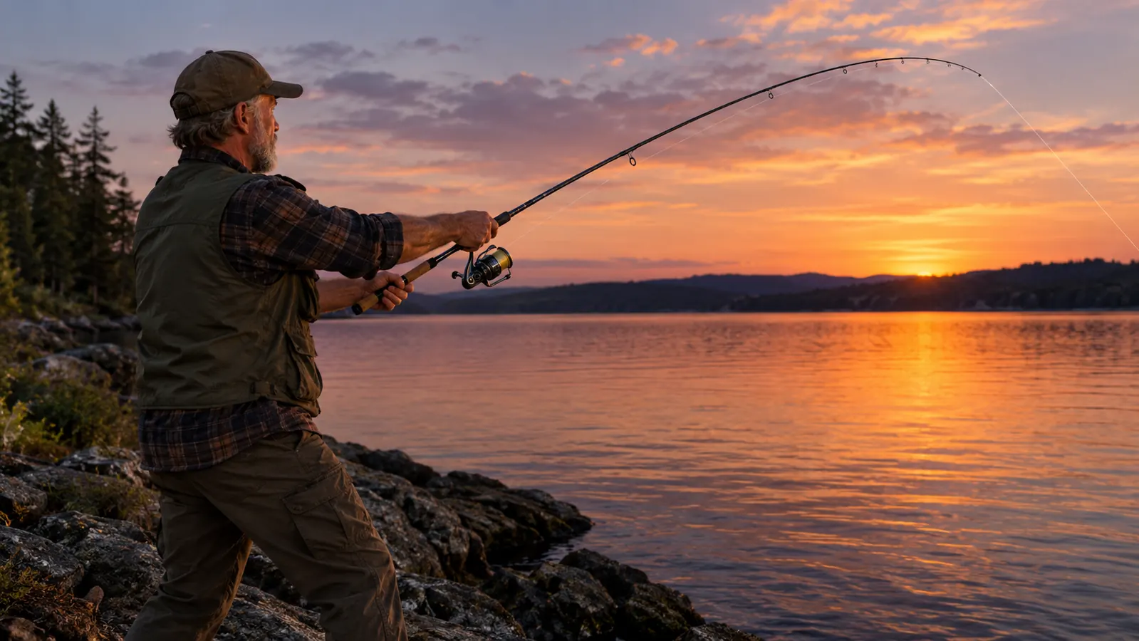 A man casting a spinning rod from a rocky lake shoreline at dusk