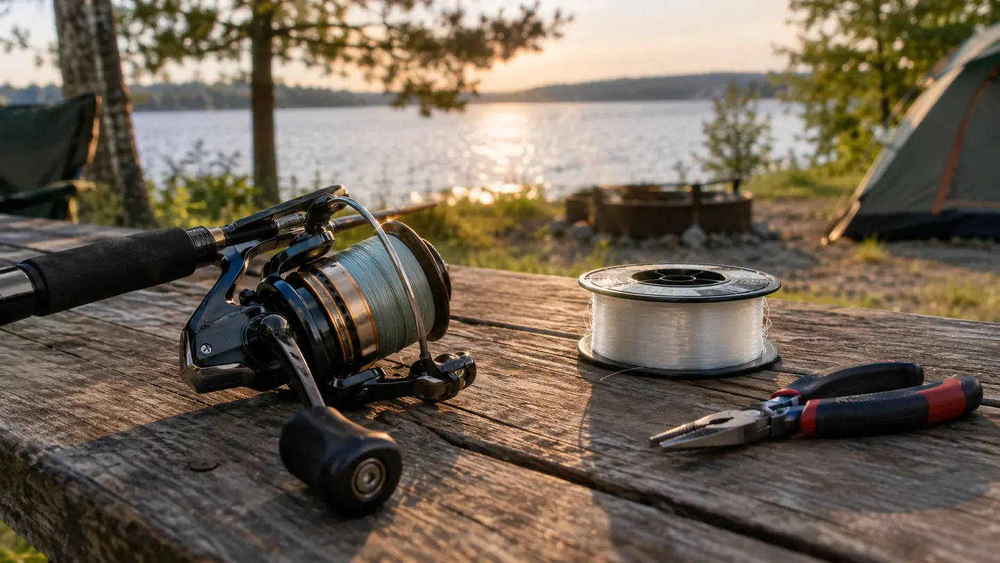 A spinning reel on a campground picnic table beside a spool of monofilament line and a pair of pliers