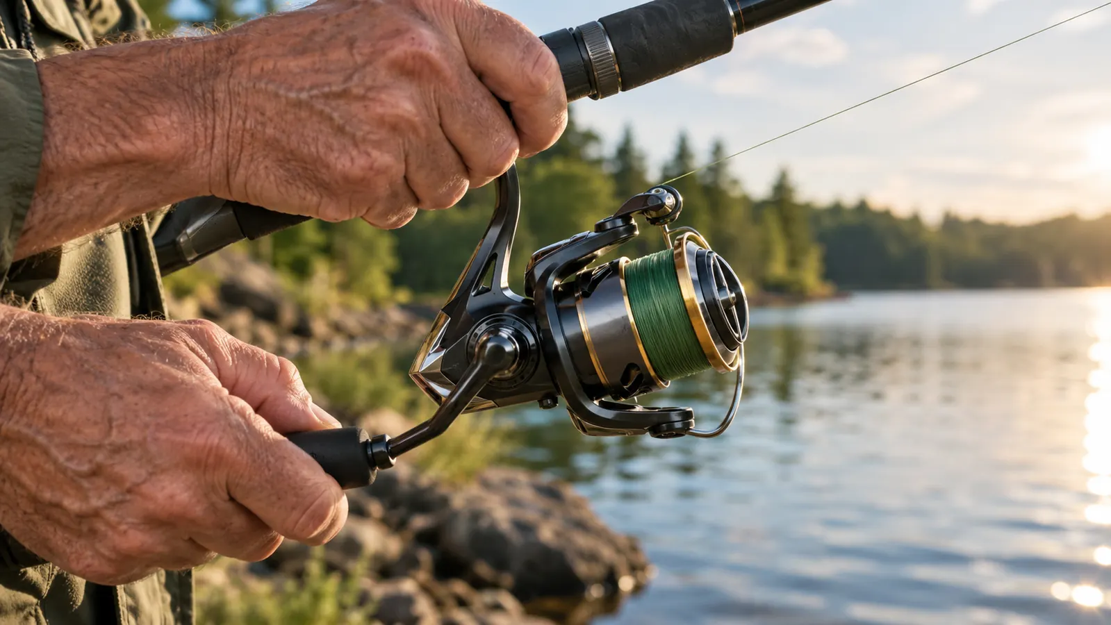 A hand turning the handle of a spinning reel mounted on a fishing rod