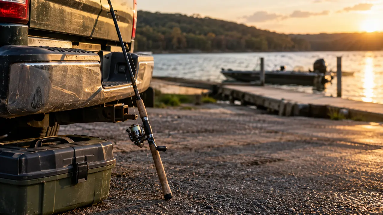 A fishing rod with a spinning reel leaning against a pickup truck tailgate beside a tackle box