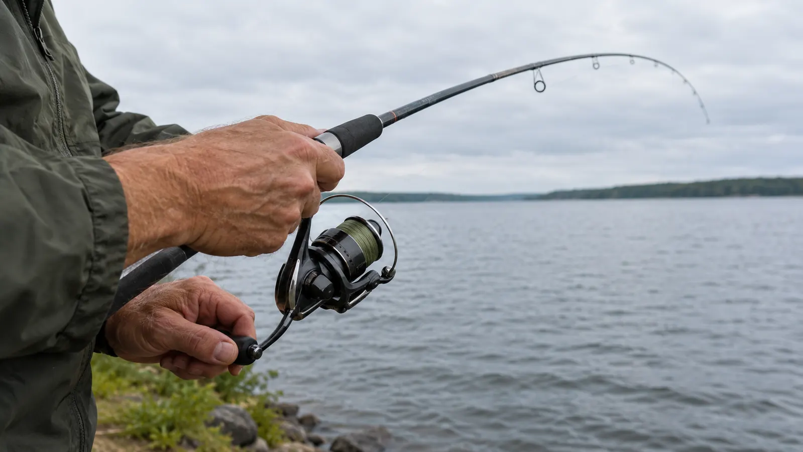 Angler cranking a spinning reel on a rod by the water's edge