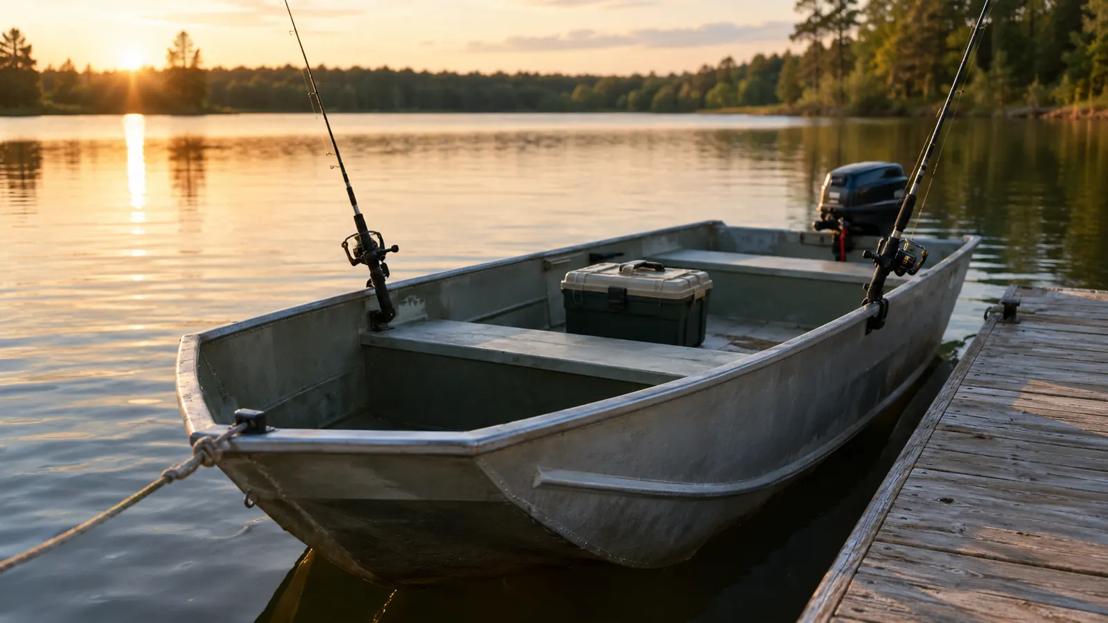 Small aluminum jon boat tied to a dock with rods in holders